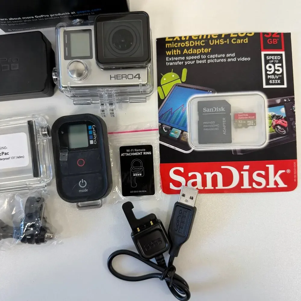 GoPro Hero 4 Camera with Case, Battery, 2 SD Cards in Original Box Bundle TESTED